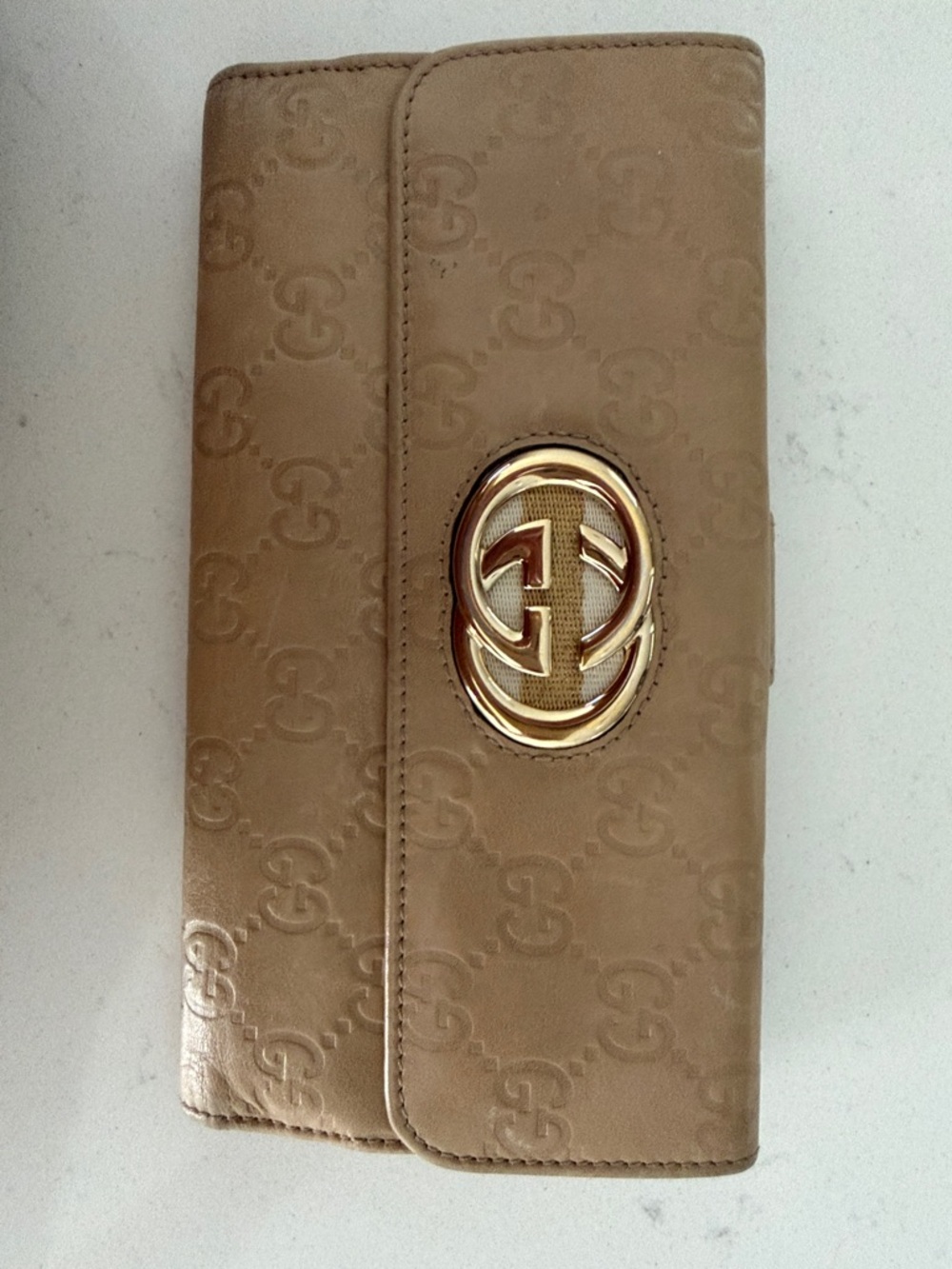 Gucci Tan Monogram Continental Wallet with Gold Double-G